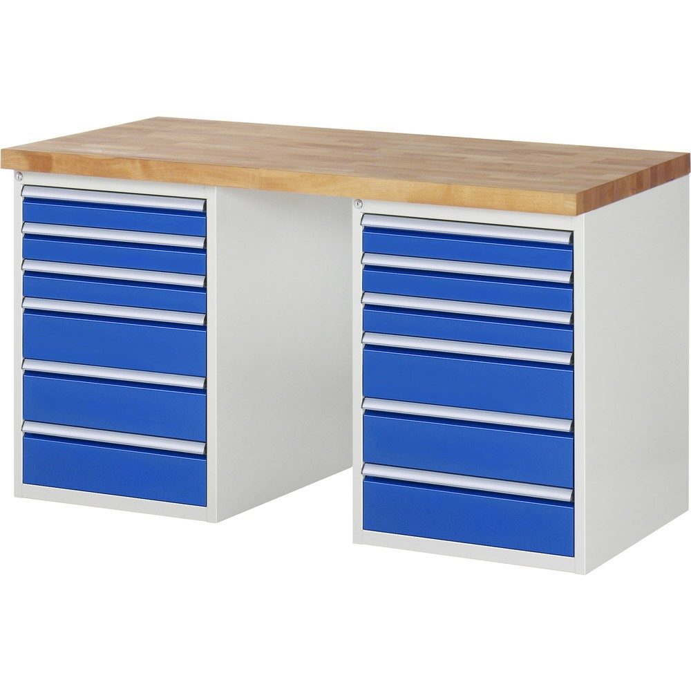 RAU Werkbank Serie 7000, 2 Container, HxBxT 840 x 1.500 x 700 mm, 12 x 100%-Auszug-Schubladen 6 x 90 mm, 6 x 150 mm