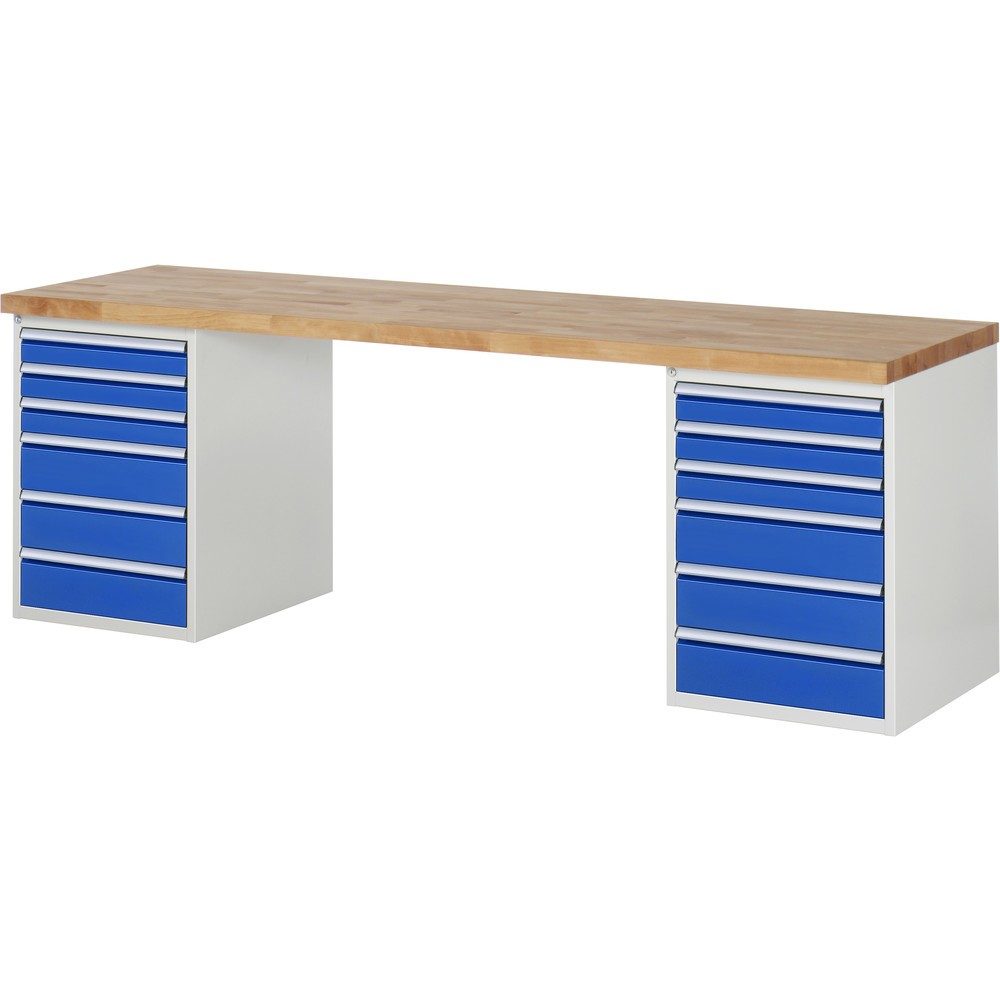 RAU Werkbank Serie 7000, 2 Container, HxBxT 890 x 2.500 x 700 mm, 12 x 90%-Auszug-Schubladen 6 x 90 mm, 6 x 150 mm