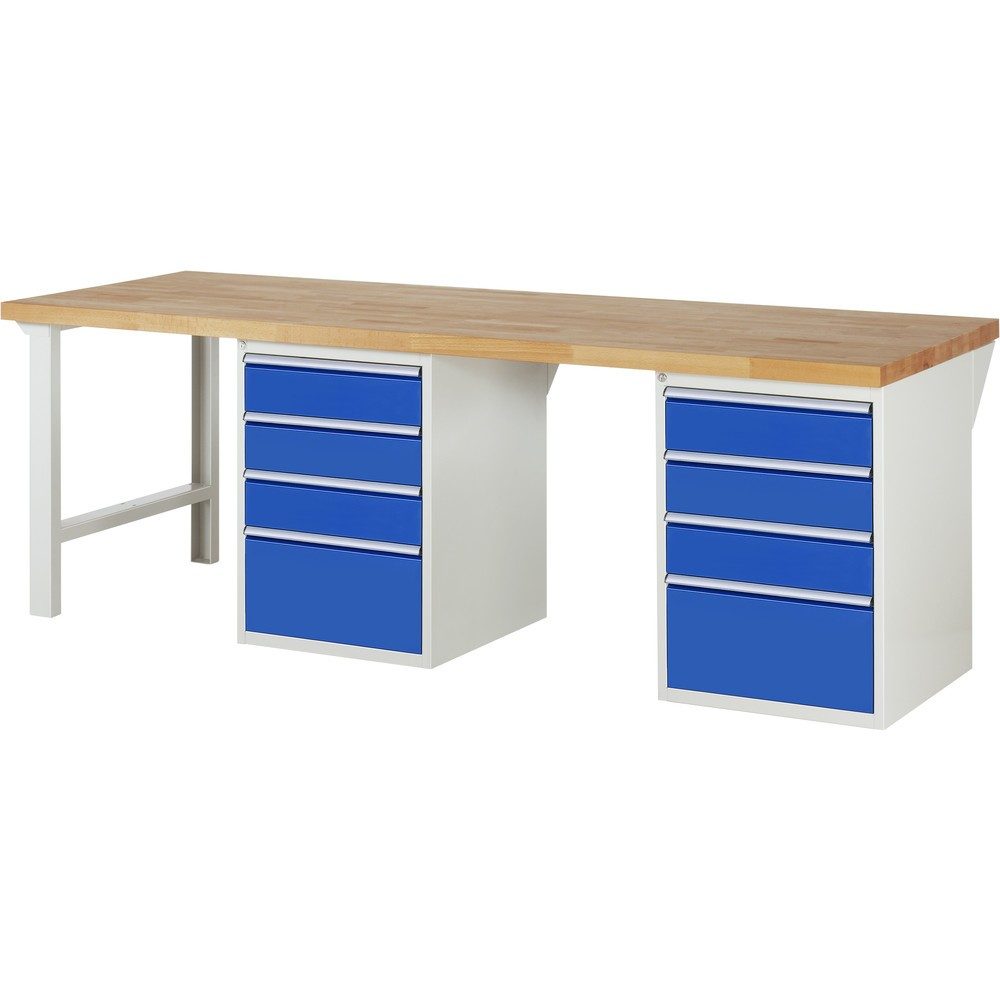 RAU Werkbank Serie 7000, 2 Container, HxBxT 890 x 2.500 x 900 mm, 8 x 90%-Auszug-Schubladen 6 x 150, 2 x 270 mm