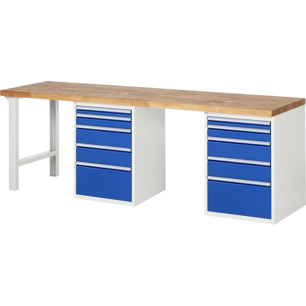 RAU Werkbank Serie 7000, 2 Container, HxBxT 890 x 2.500 x 700 mm, 10 x 90%-Auszug-Schubladen 2 x 60, 2 x 90, 4 x 150, 2 x 270 mm