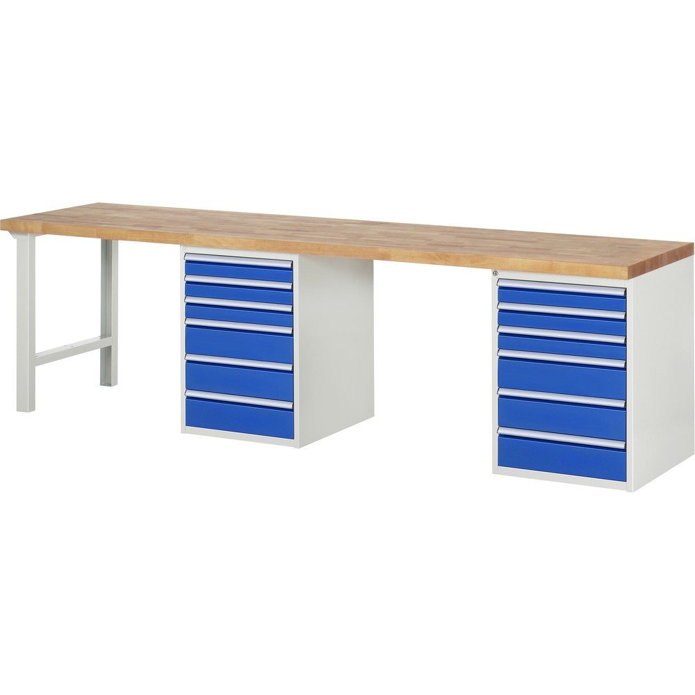 RAU Werkbank Serie 7000, 2 Container, HxBxT 890 x 3.000 x 700 mm, 12 x 90%-Auszug-Schubladen 6 x 90 mm, 6 x 150 mm