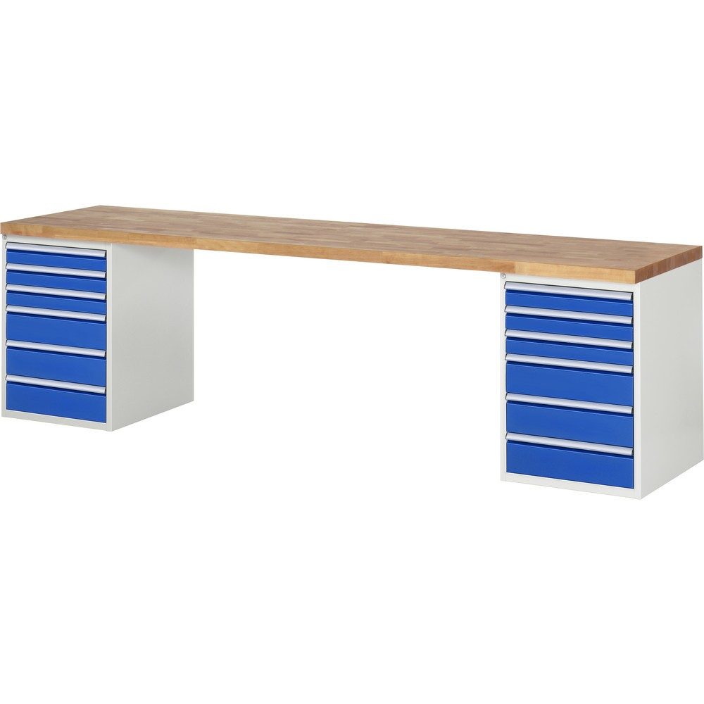 RAU Werkbank Serie 7000, 2 Container, HxBxT 890 x 3.000 x 700 mm, 12 x 100%-Auszug-Schubladen 6 x 90 mm, 6 x 150 mm