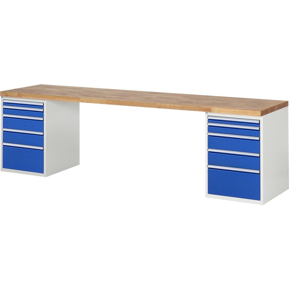RAU Werkbank Serie 7000, 2 Container, HxBxT 890 x 3.000 x 700 mm, 10 x 100%-Auszug-Schubladen 2 x 60, 2 x 90, 4 x 150, 2 x 270 mm