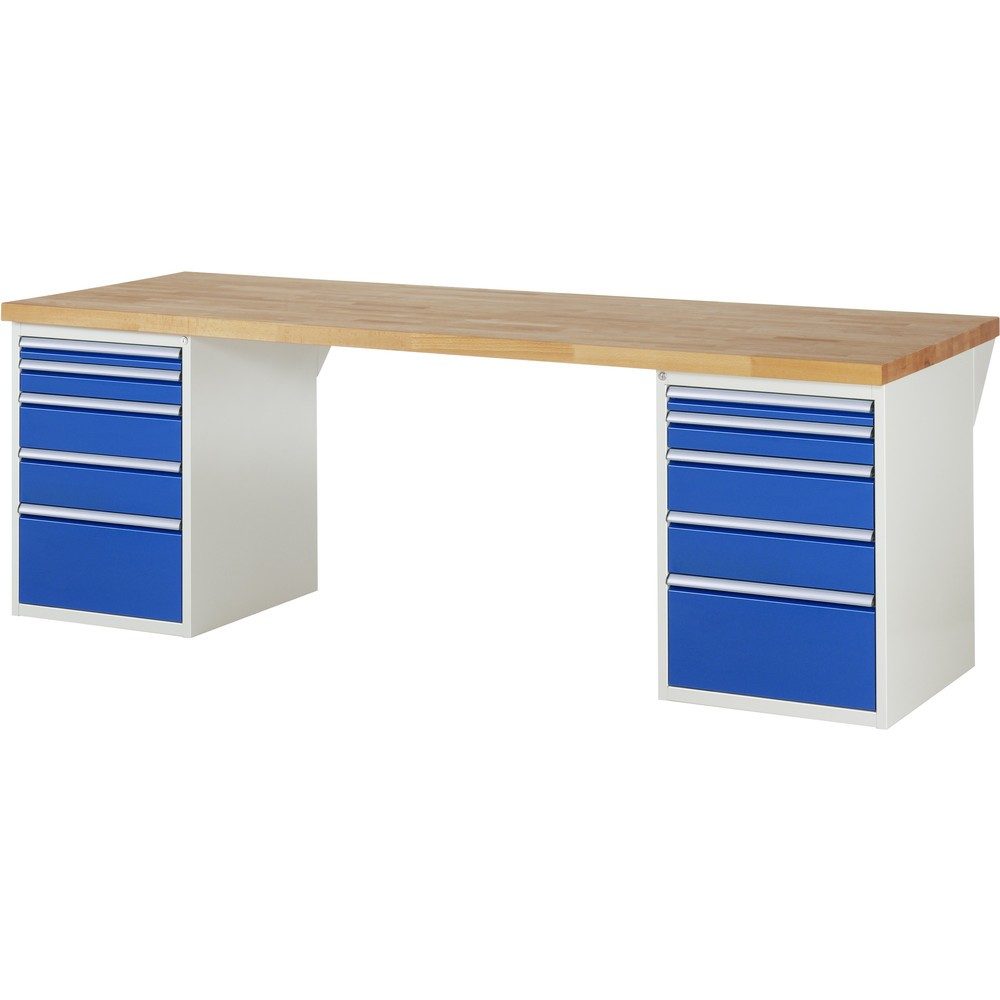 RAU Werkbank Serie 7000, 2 Container, HxBxT 890 x 2.500 x 900 mm, 10 x 100%-Auszug-Schubladen 2 x 60, 2 x 90, 4 x 150, 2 x 270 mm