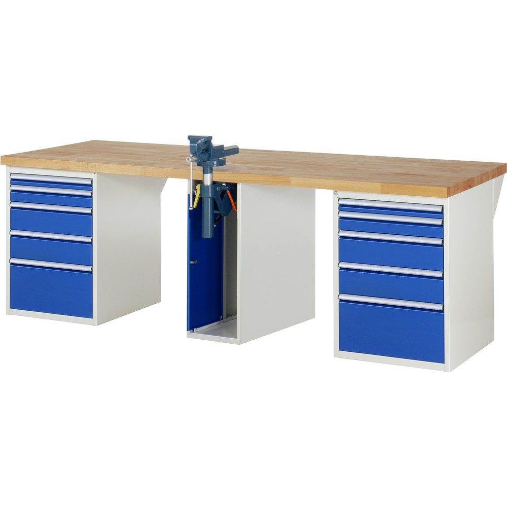 RAU Werkbank Serie 7000, 3 Container, HxBxT 890 x 2.500 x 900 mm, 10 x 100%-Auszug-Schubladen, Schraubstock