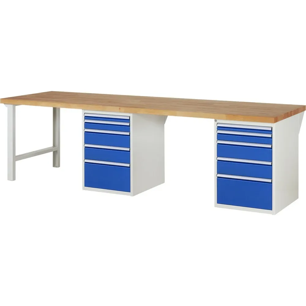 RAU Werkbank Serie 7000, 2 Container, HxBxT 890 x 3.000 x 900 mm, 10 x 100%-Auszug-Schubladen 2 x 60, 2 x 90, 4 x 150, 2 x 270 mm