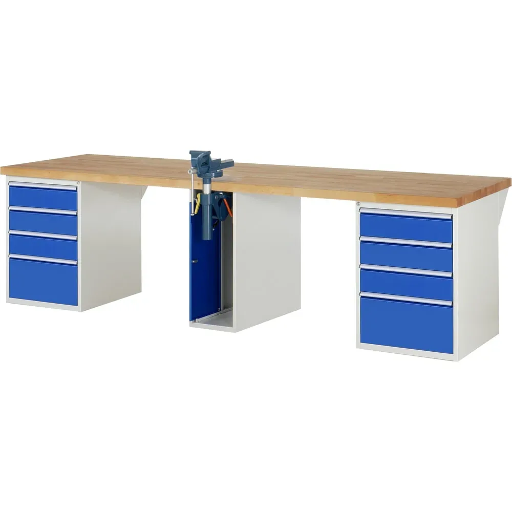 RAU Werkbank Serie 7000, 3 Container, HxBxT 840 x 3.000 x 900 mm, 8 x 90%-Auszug-Schubladen 6 x 150 mm, 2 x 270 mm