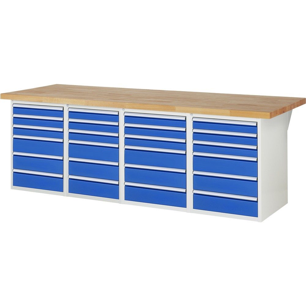 RAU Werkbank Serie 7000, 4 Container, HxBxT 840 x 2.500 x 900 mm, 24 x 100%-Auszug-Schubladen