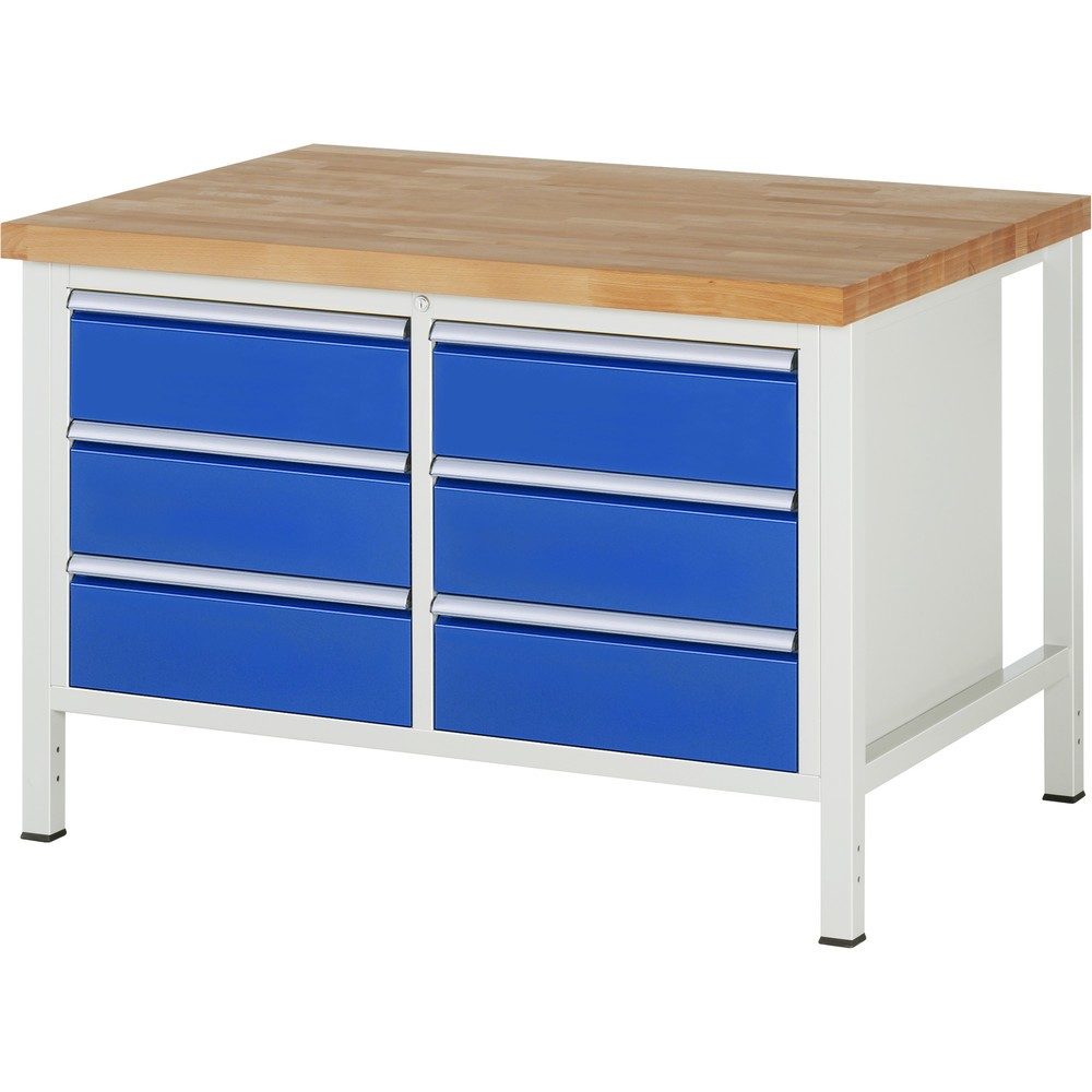 RAU Werkbank Serie 8000, 1 Doppel-Container, HxBxT 840-1.040 x 1.250 x 900 mm, 6 x 90%-Auszug-Schubladen 6 x 180 mm, Breite 490 mm