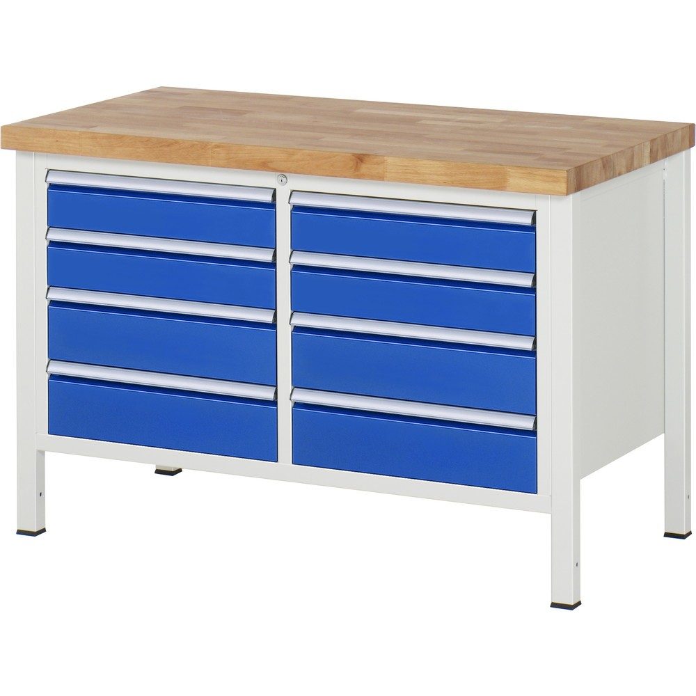 RAU Werkbank Serie 8000, 1 Doppel-Container, HxBxT 840 x 1.250 x 700 mm, 8 x 90%-Auszug-Schubladen 4 x 120, 4 x 150 mm, Schubladen-TK 100 kg