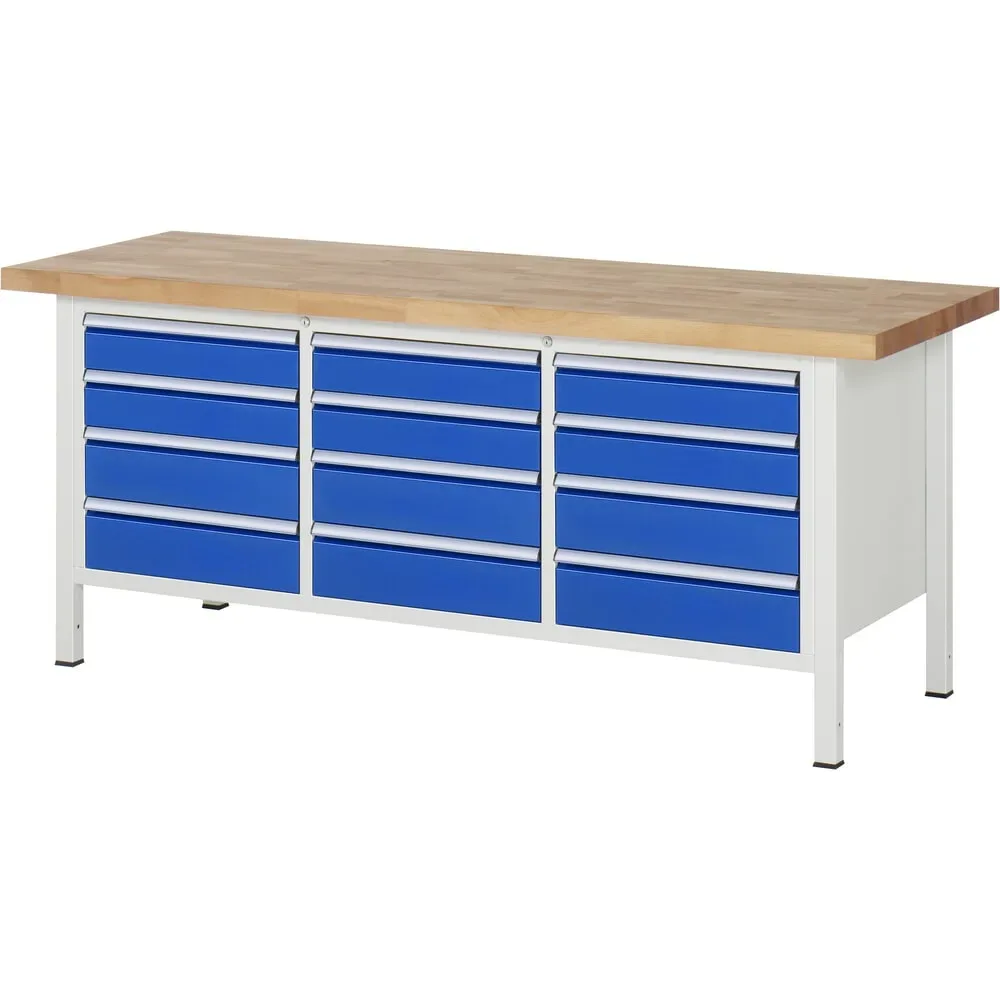 RAU Werkbank Serie 8000, 1 Dreifach-Container, HxBxT 840-1.040 x 2.000 x 700 mm, 12 x 100%-Auszug-Schubladen 6 x 120, 6 x 150 mm