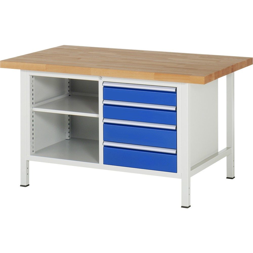 RAU Werkbank Serie 8000, 1 Doppel-Container, 1 Fachboden, HxBxT 840 x 1.500 x 900 mm, 4 x 90%-Auszug-Schubladen