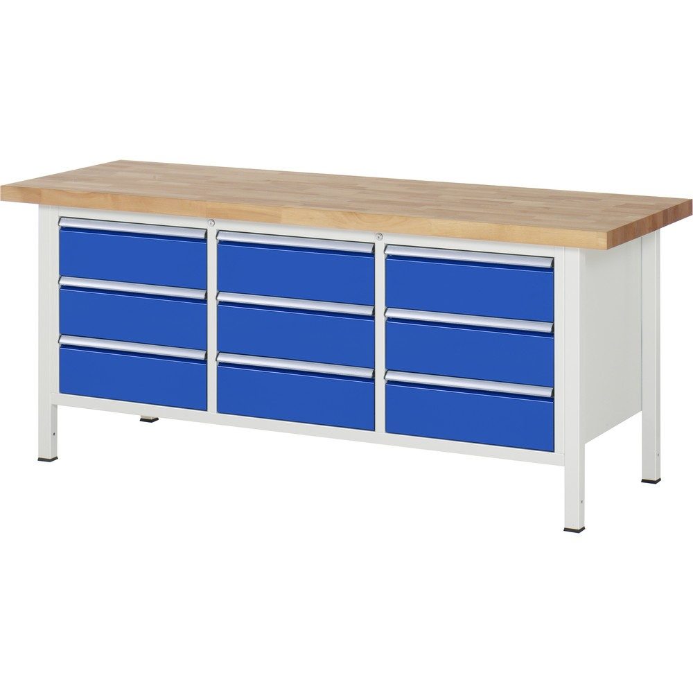 RAU Werkbank Serie 8000, 1 Dreifach-Container, HxBxT 840 x 2.000 x 700 mm, 9 x 90%-Auszug-Schubladen 9 x 180 mm, Schubladen-TK 100 kg