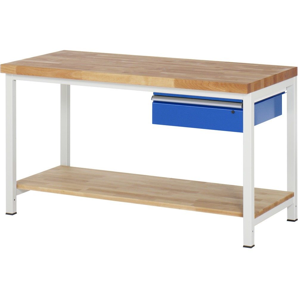 RAU Werkbank Serie 8000, HxBxT 840-1.040 x 1.500 x 700 mm, 1 Schublade, 1 Buche-Massiv-Ablageboden