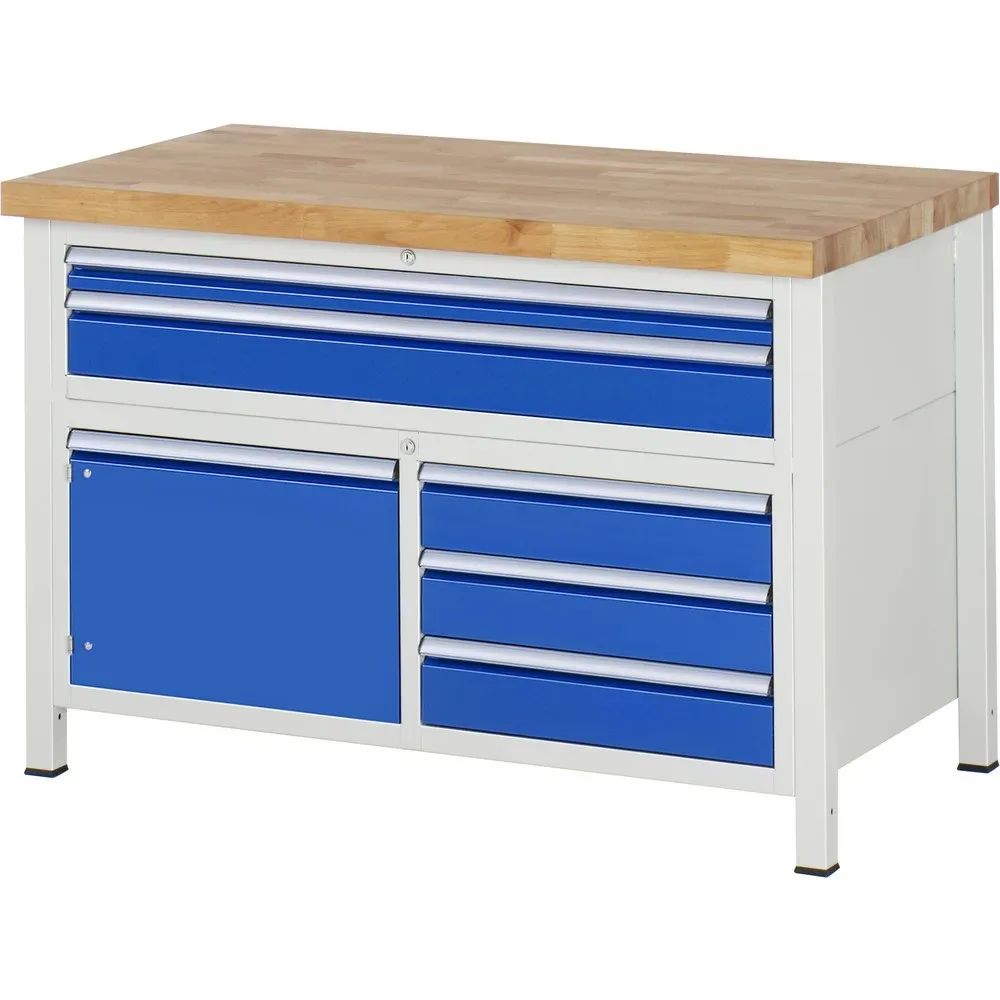 Werkbank Serie 8922, 5 Schubladen, 2 Fachböden mit Tür, höhenverstellbar, B 1250 x T 700 x H