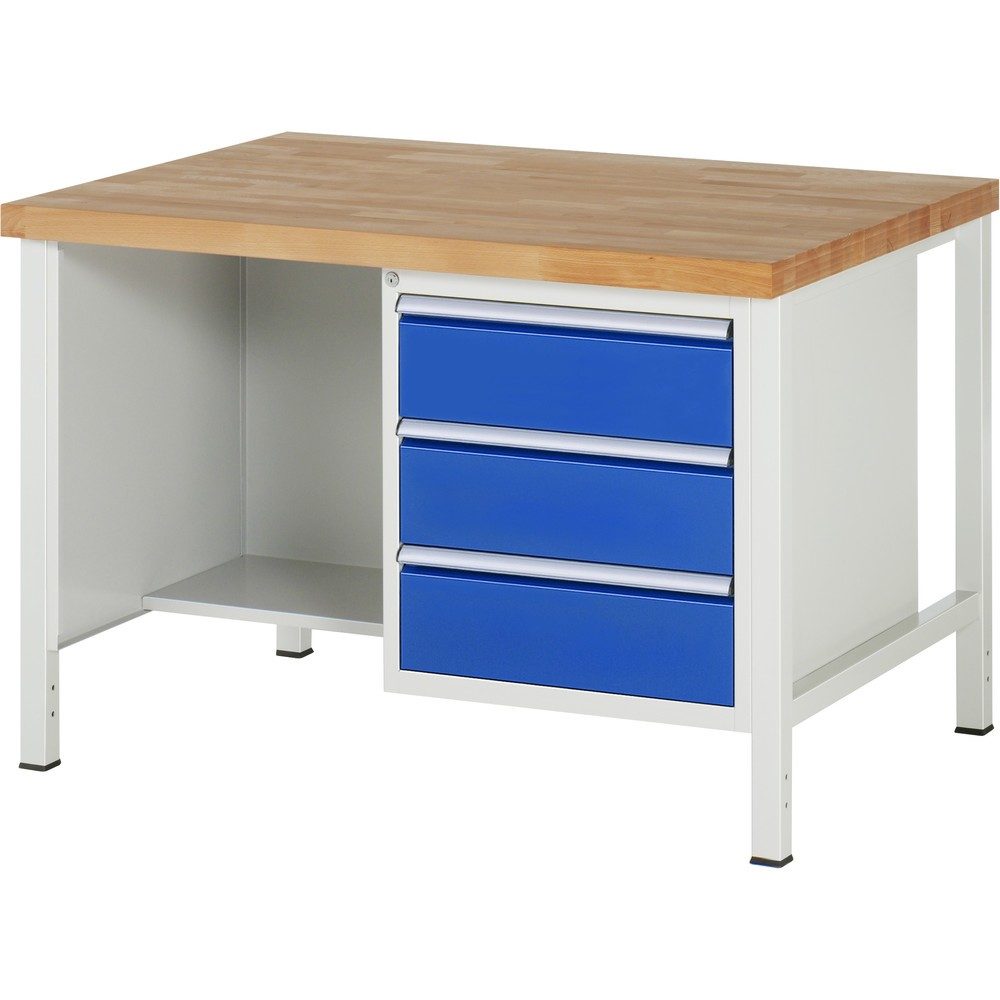 RAU Werkbank Serie 8000, 1 Ablageboden, HxBxT 840 x 1.250 x 900 mm, 3 x 90%-Auszug-Schubladen