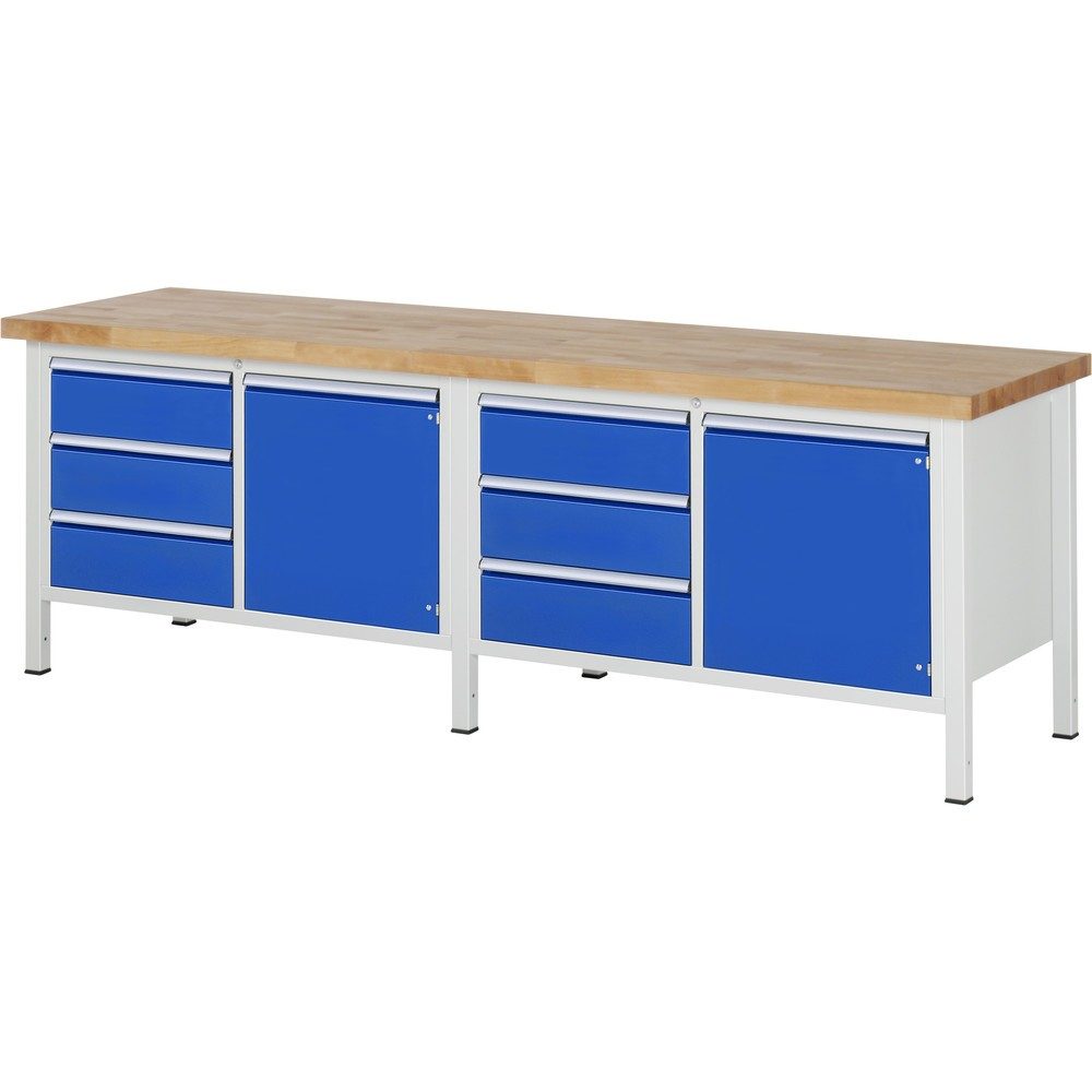 RAU Werkbank Serie 8000, 2 Doppel-Container, 2 Flügeltüren, HxBxT 840 x 2.500 x 700 mm, 6 x 90%-Auszug-Schubladen