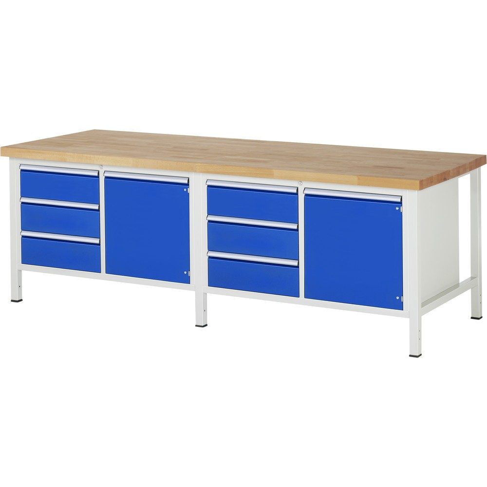 RAU Werkbank Serie 8000, 2 Doppel-Container, 2 Flügeltüren, HxBxT 840-1.040 x 2.500 x 900 mm, 6 x 100%-Auszug-Schubladen