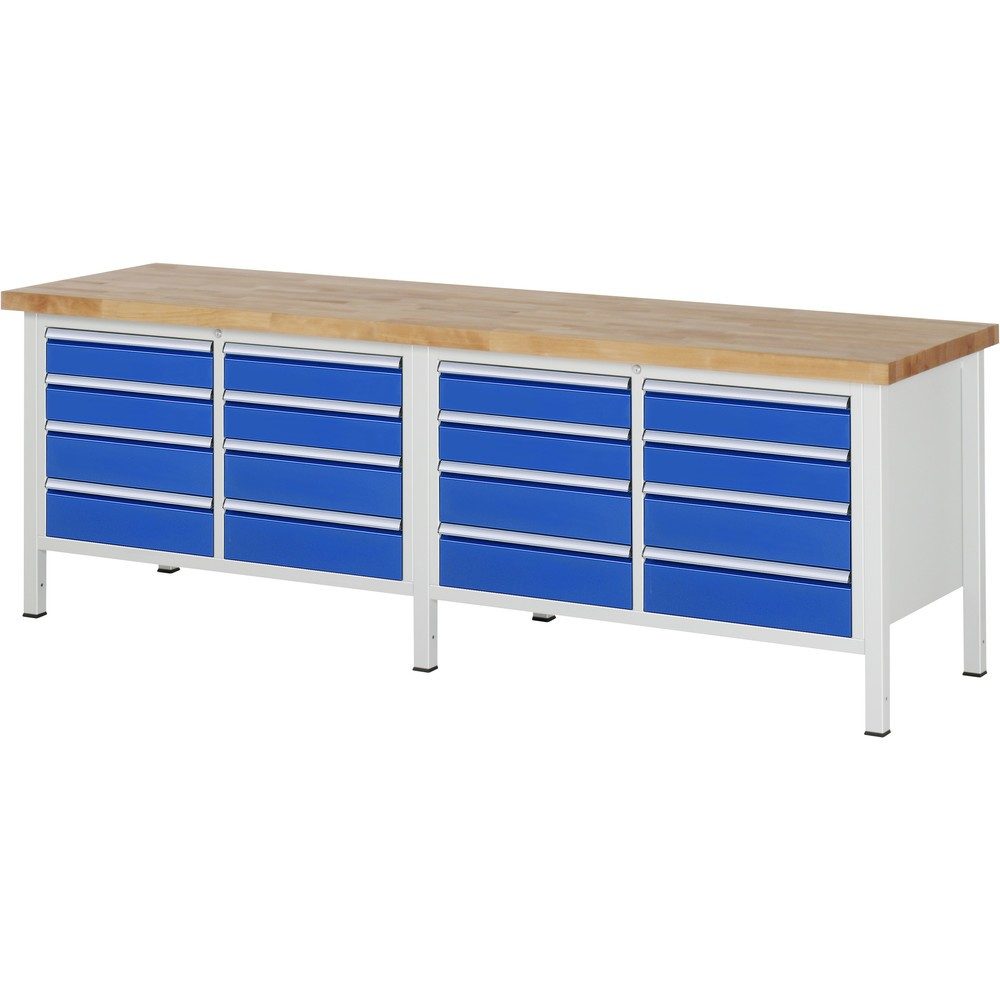 RAU Werkbank Serie 8000, 2 Doppel-Container, HxBxT 840 x 2.500 x 700 mm, 16 x 100%-Auszug-Schubladen