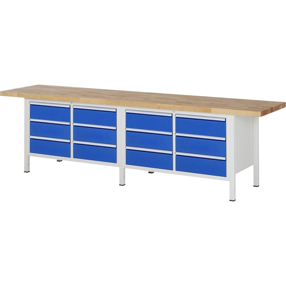 RAU Werkbank Serie 8000, 2 Doppel-Container, HxBxT 840 x 3.000 x 700 mm, 12 x 100%-Auszug-Schubladen 12 x 180 mm