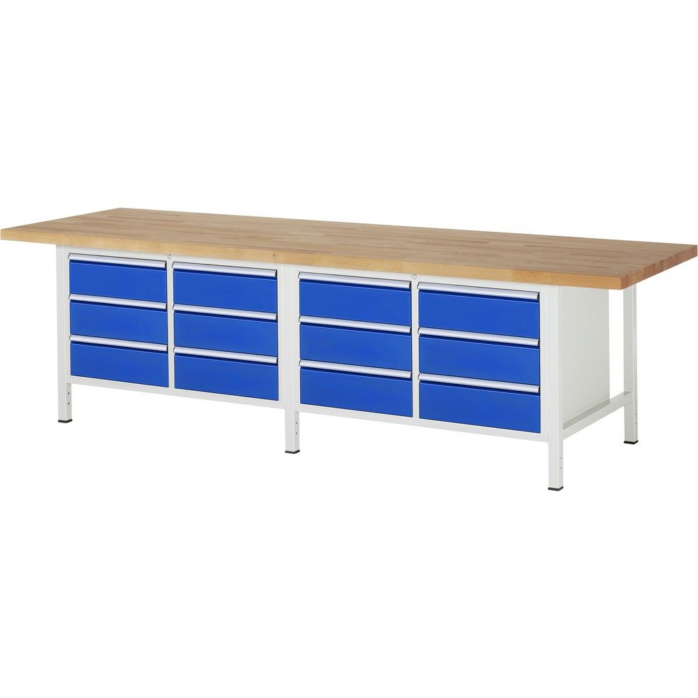 RAU Werkbank Serie 8000, 2 Doppel-Container, HxBxT 840 x 3.000 x 900 mm, 12 x 90%-Auszug-Schubladen 12 x 180 mm