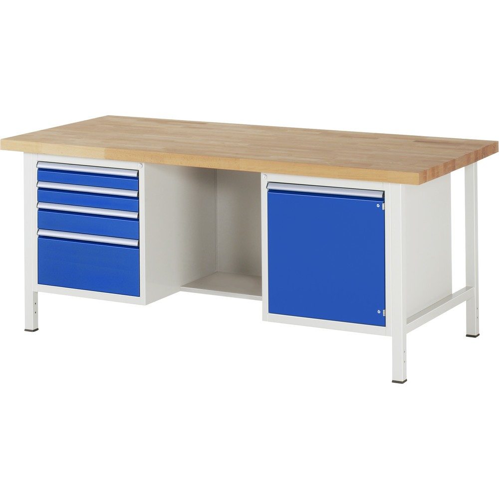 RAU Werkbank Serie 8000, 2 Container, 1 Ablageboden, 1 Flügeltür, HxBxT 840 x 2.000 x 900 mm, 4 x 100%-Auszug-Schubladen 2 x 90, 1 x 120, 1 x 240 mm