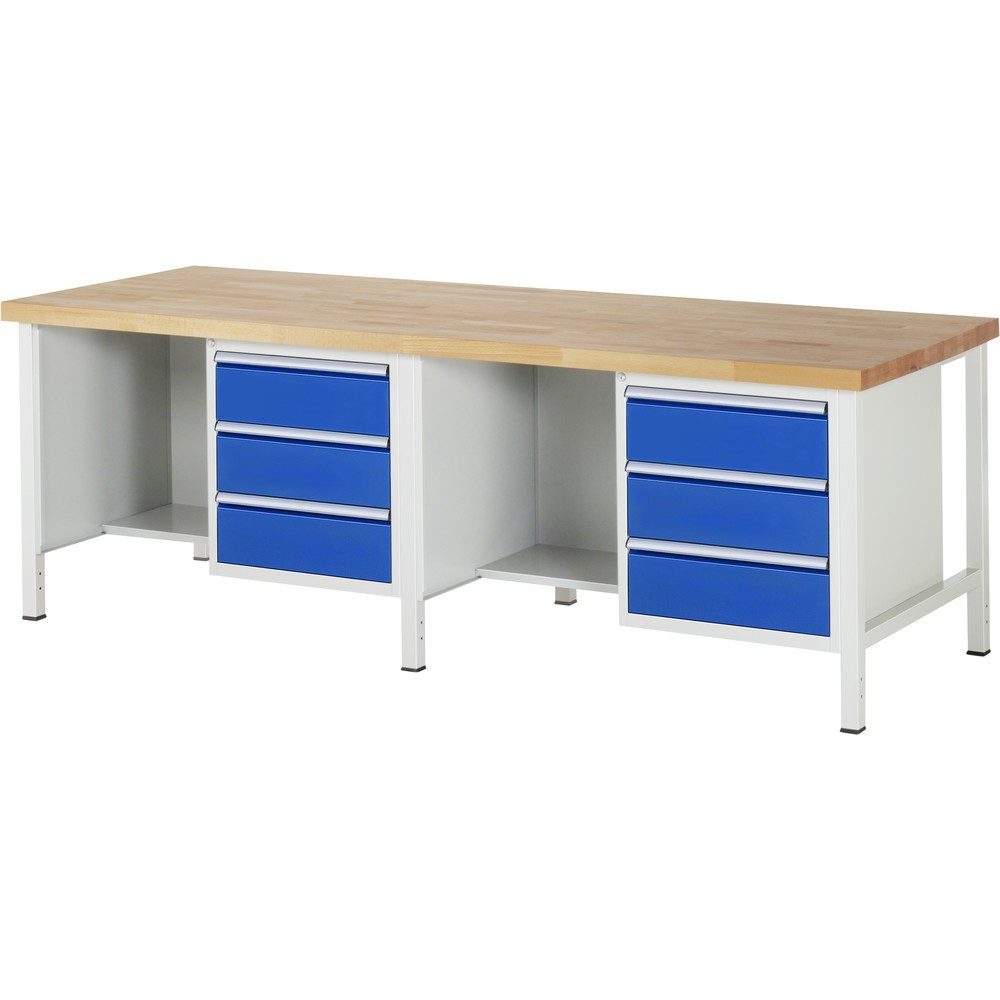 RAU Werkbank Serie 8000, 2 Container, 1 Ablageboden, HxBxT 840-1.040 x 2.500 x 900 mm, 6 x 100%-Auszug-Schubladen