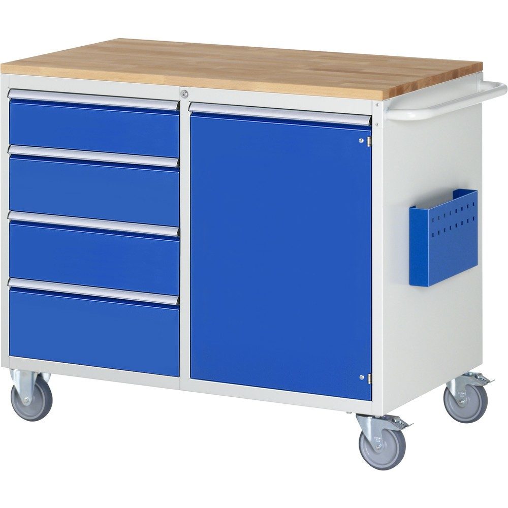 RAU Werkstattwagen Serie 7000, HxBxT 975 x 1.145 x 650 mm, 1 Flügeltür, 4 x 100%-Auszug-Schubladen 1 x 150, 2 x 180, 1 x 210 mm, Arbeitsplatte Buche