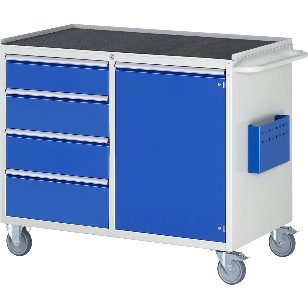 RAU Werkstattwagen Serie 7000, HxBxT 975 x 1.145 x 650 mm, 1 Flügeltür, 4 x 90%-Auszug-Schubladen 1 x 150, 2 x 180, 1 x 210 mm, Arbeitsplatte Metall