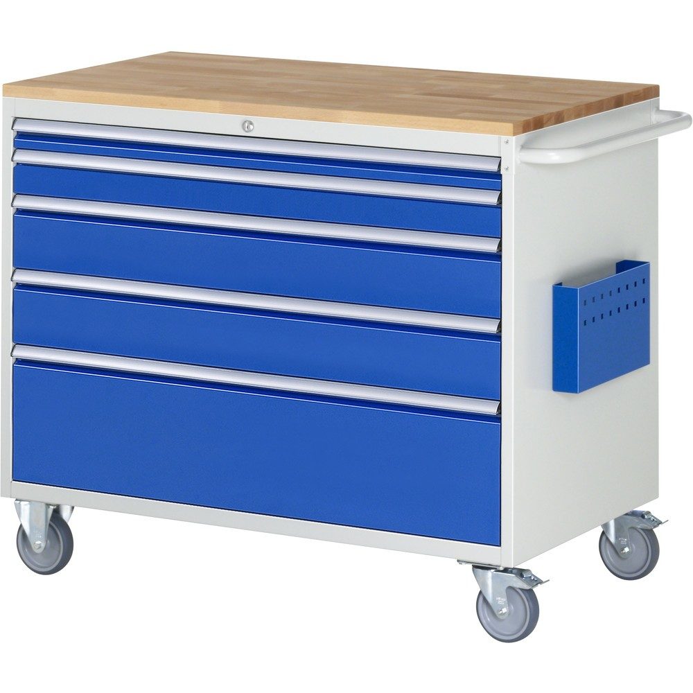 RAU Werkstattwagen Serie 7000, HxBxT 975 x 1.145 x 650 mm, 5 x 90%-Auszug-Schubladen 1 x 60 mm, 1 x 90, 2 x 150, 1 x 270 mm, Arbeitsplatte Buche