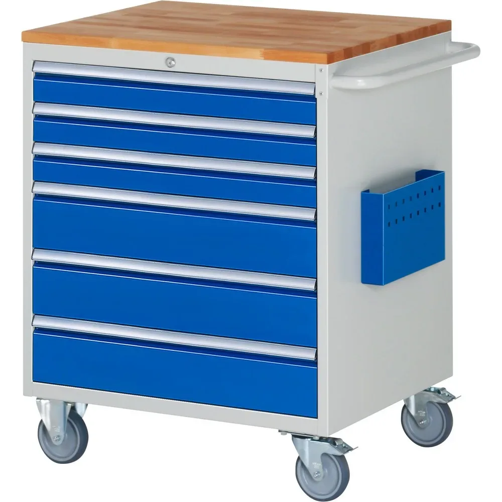 RAU Werkstattwagen Serie 7000, HxBxT 975 x 770 x 650 mm, 6 x 100%-Auszug-Schubladen 3 x 90, 3 x 150 mm, Arbeitsplatte Buche
