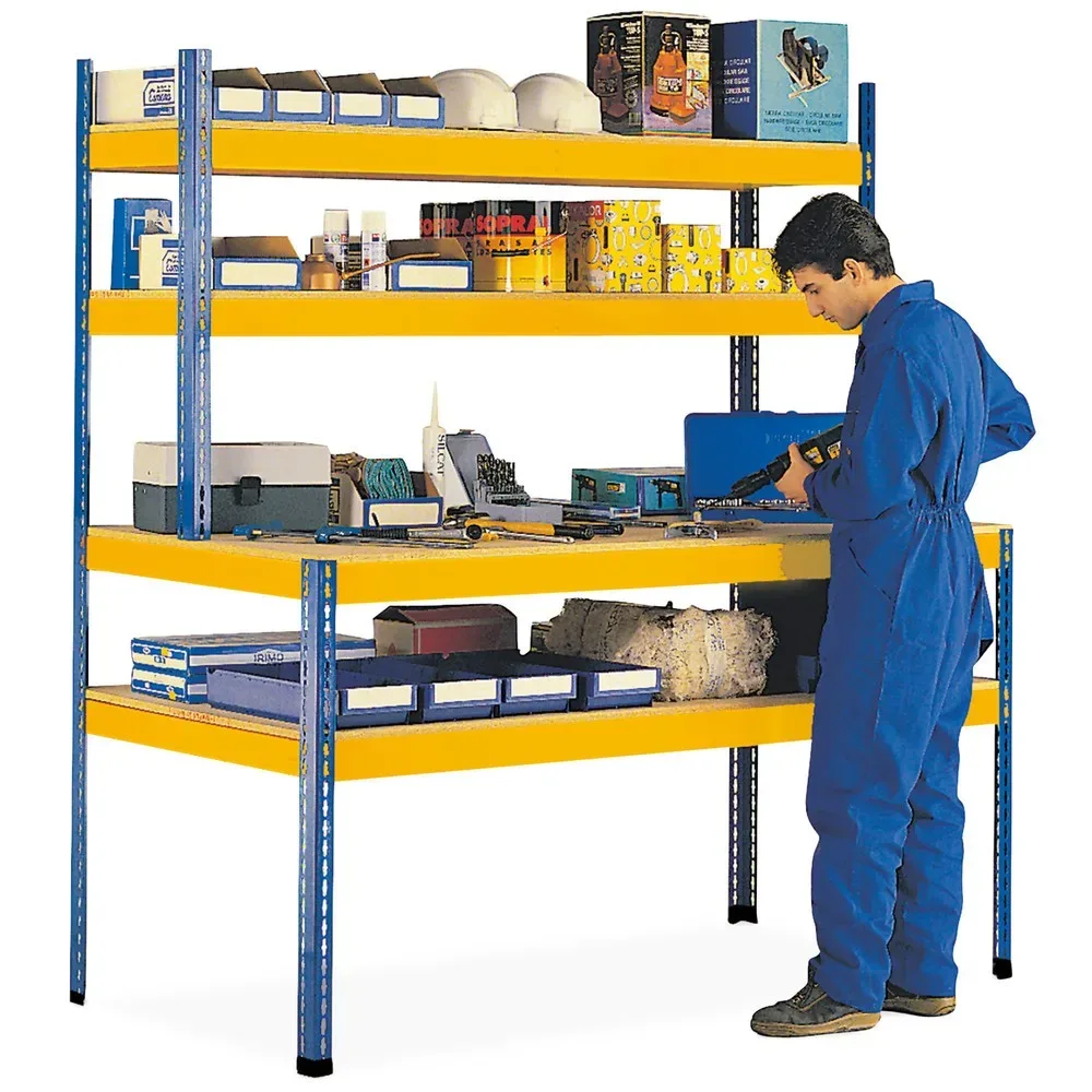 Werktisch NGS mit Aufbau, FL 320 kg, 2 Einlegeböden mit je 1 Unterzug, HxBxT 1.981/990 x 1.841 x 926/468 mm