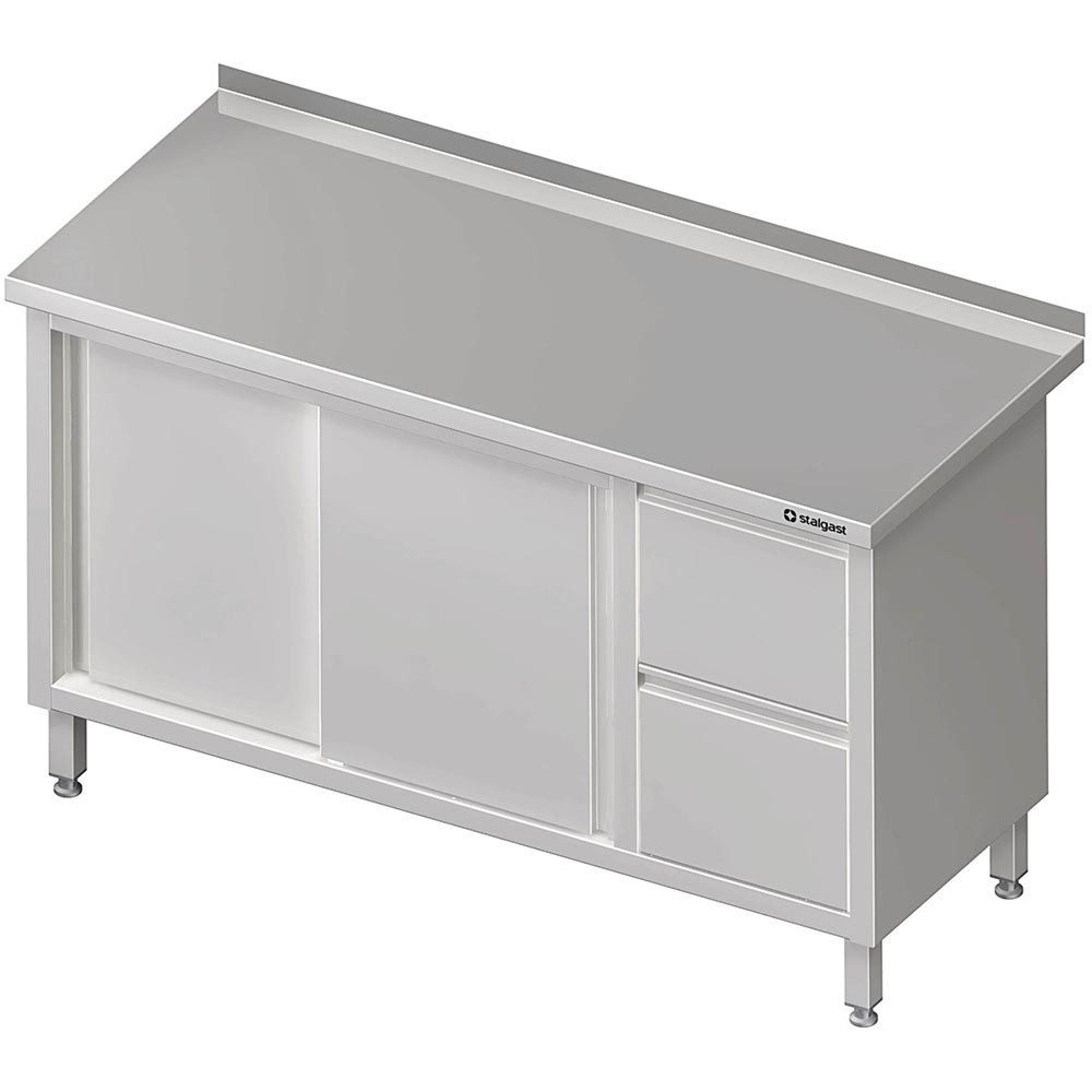 Stalgast Arbeitsschrank mit Schiebetüren, 1600x600x850 mm, mit 2er Schubladenblock rechts, mit Aufkantung, verschweisst
