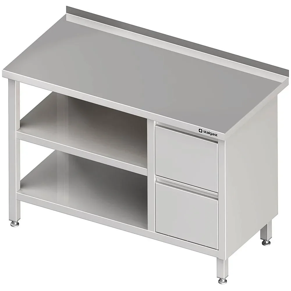Stalgast Arbeitstisch mit Grund- und Zwischenboden, 2000x700x850 mm, mit 2er Schubladenblock rechts, mit Aufkantung, verschweisst