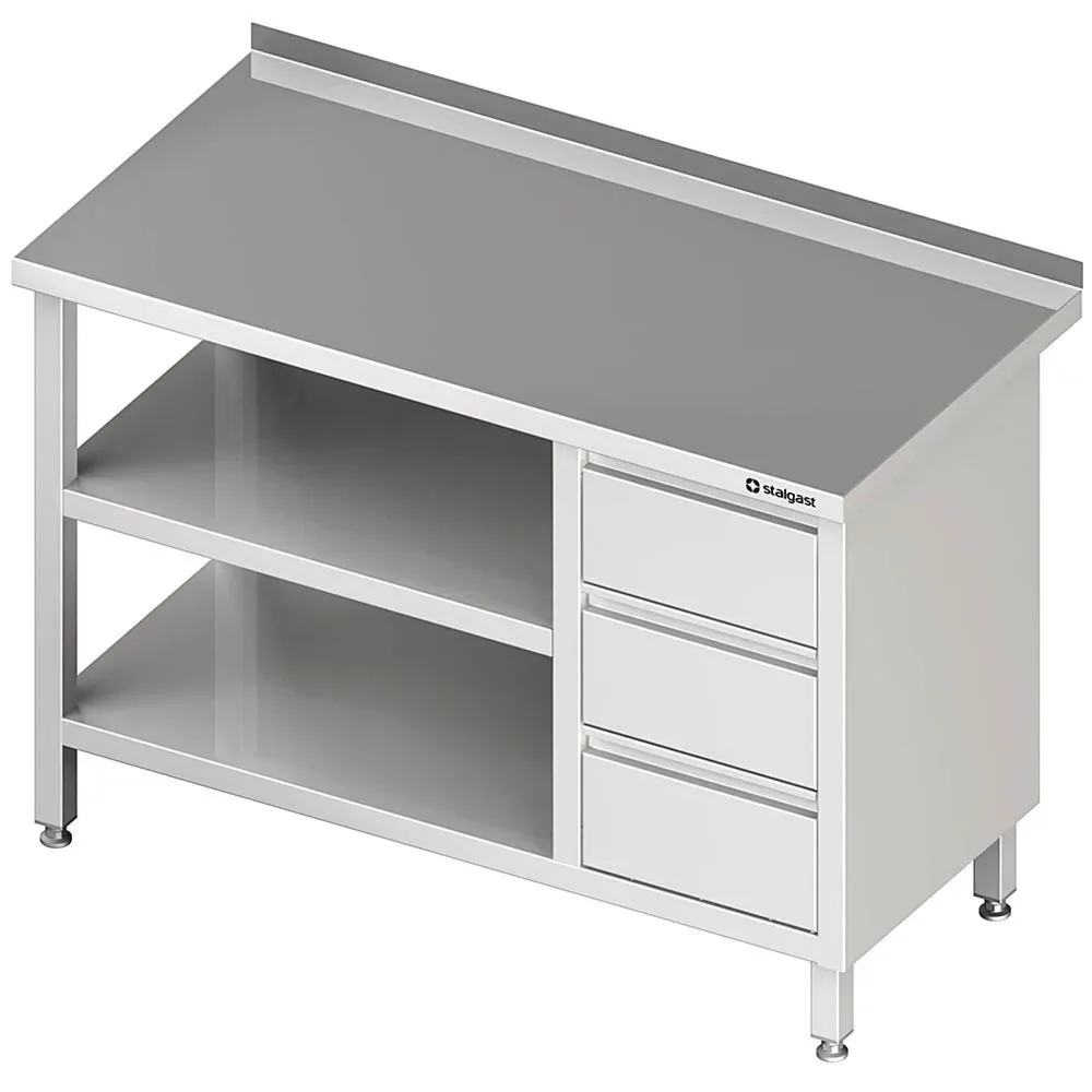 Stalgast Arbeitstisch mit Grund- und Zwischenboden, 1100x600x850 mm, mit 3er Schubladenblock rechts, mit Aufkantung, verschweisst