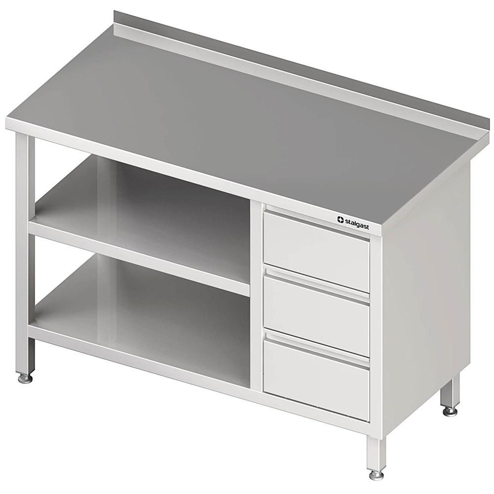 Stalgast Arbeitstisch mit Grund- und Zwischenboden, 900x700x850 mm, mit 3er Schubladenblock rechts, mit Aufkantung, verschweisst
