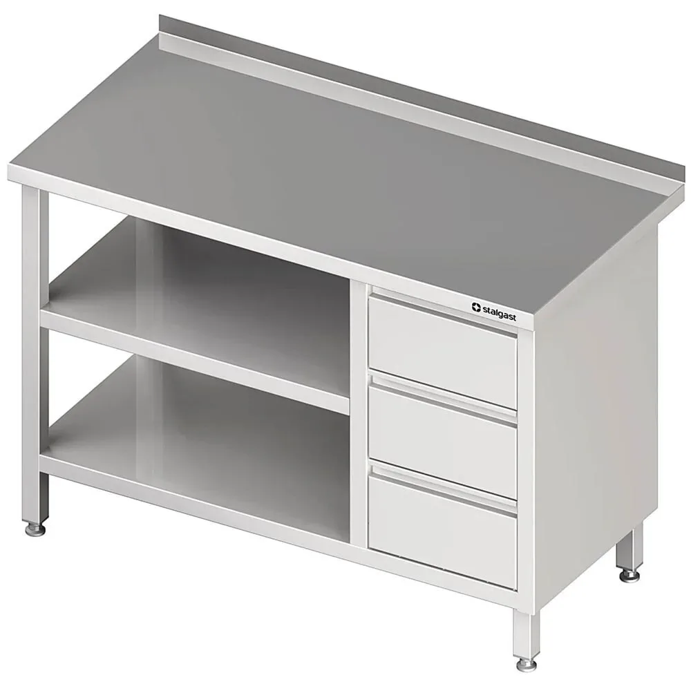 Stalgast Arbeitstisch mit Grund- und Zwischenboden, 2100x700x850 mm, mit 3er Schubladenblock rechts, mit Aufkantung, verschweisst