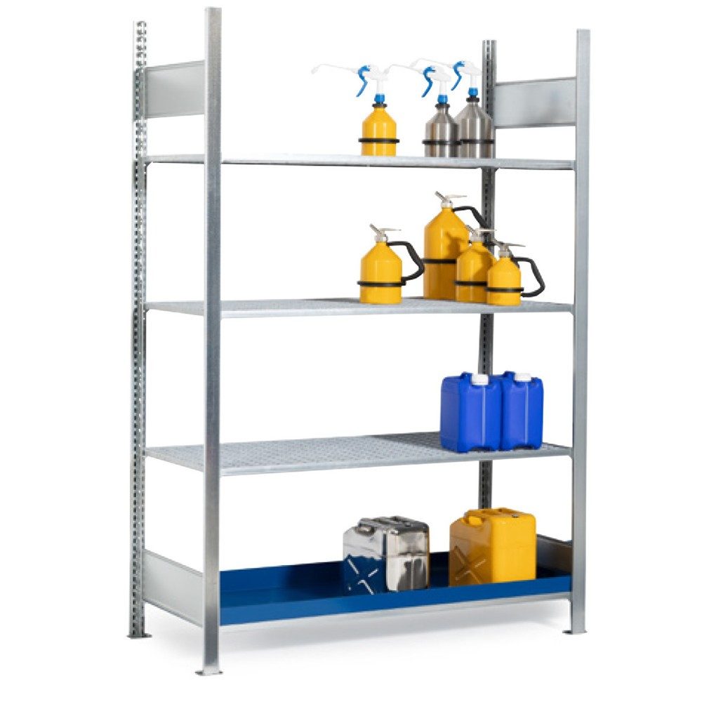 Gefahrstoffregal asecos REG 1364, B 1360 x T 640 x H 2000 mm, mit 40 l Auffangwanne und 3 Stahl-Gitterostböden