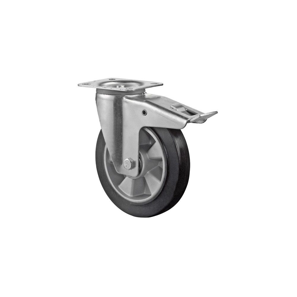 BS ROLLEN Transportrolle Elastikgummi, schwarz, Lenkrolle mit Feststeller, Kugellager, Platte, Ø x Breite 200 x 50 mm, TK 350 kg