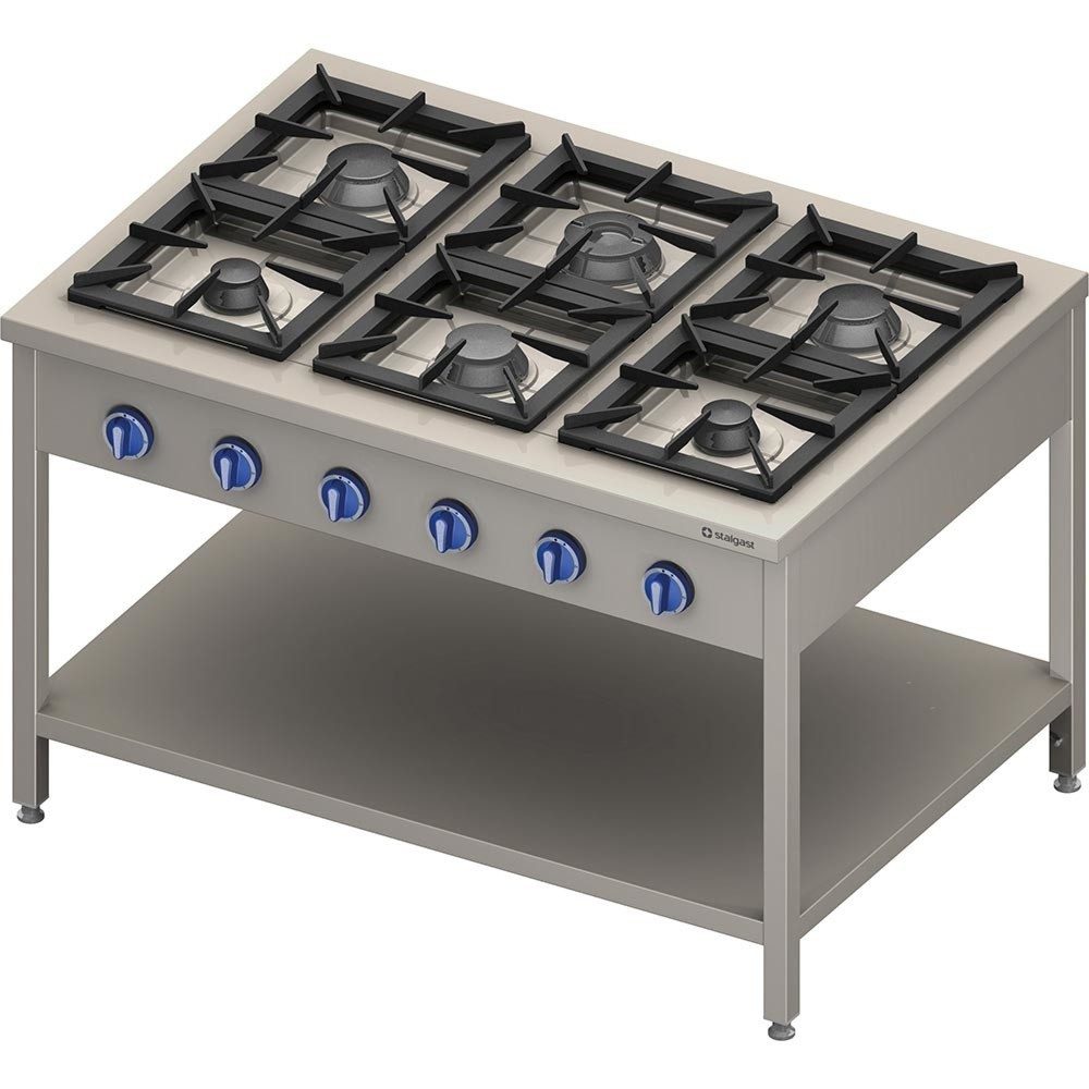 Stalgast Gasherd Serie 900 6-Brenner (3,5+3x5+2x7), 32,5 kW, G20, 1300 x 900 x 850 mm (BxTxH)