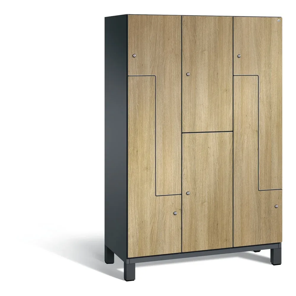 C+P Z-Kombinationsschrank Cambio, 3 Abteile, Abteilbreite 400 mm, HxBxT 1980x1200x525 mm, RAL 7021 Schwarzgrau, Dekor Eiche Sereno, Füsse