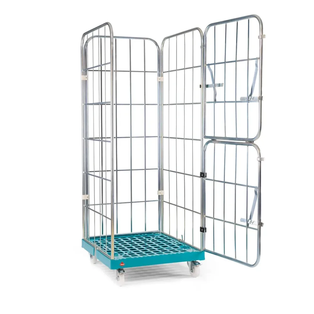 Ameise® Rollbehälter, 4-seitig, grobmaschig, galvanisch verzinkt, Kunststoff-Rollplatte, HxBxT 1.830 x 724 x 815 mm, mit zweiteiliger, klappbarer Vorderwand