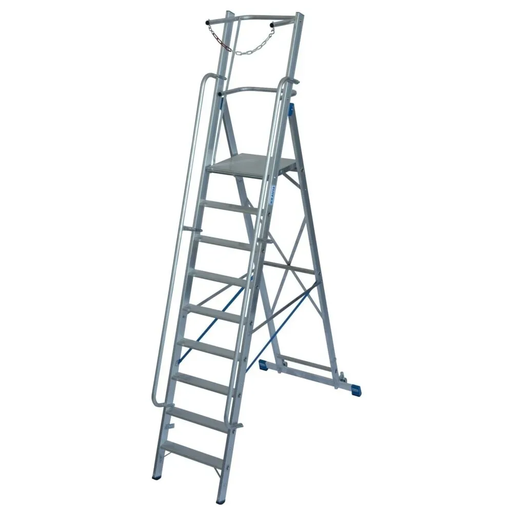 Alu-Stufen-Stehleiter, mit grosser Standplattform, mit Sicherheitsbügel und Kette, 9 Stufen