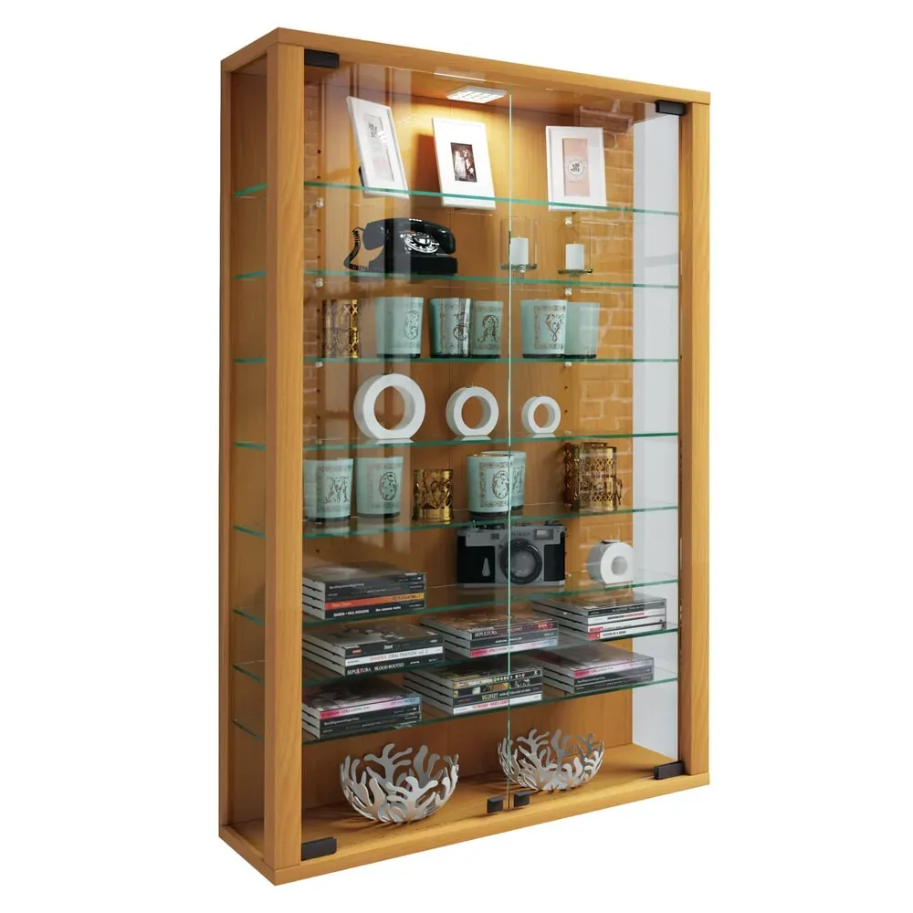 Wandvitrine Vitrosa Mini, mit LED-Beleuchtung, 8 Einlegeböden, 2 Flügeltüren, B 590 x T 180 x H 910 mm, Glas & Holz, Buche-Dekor