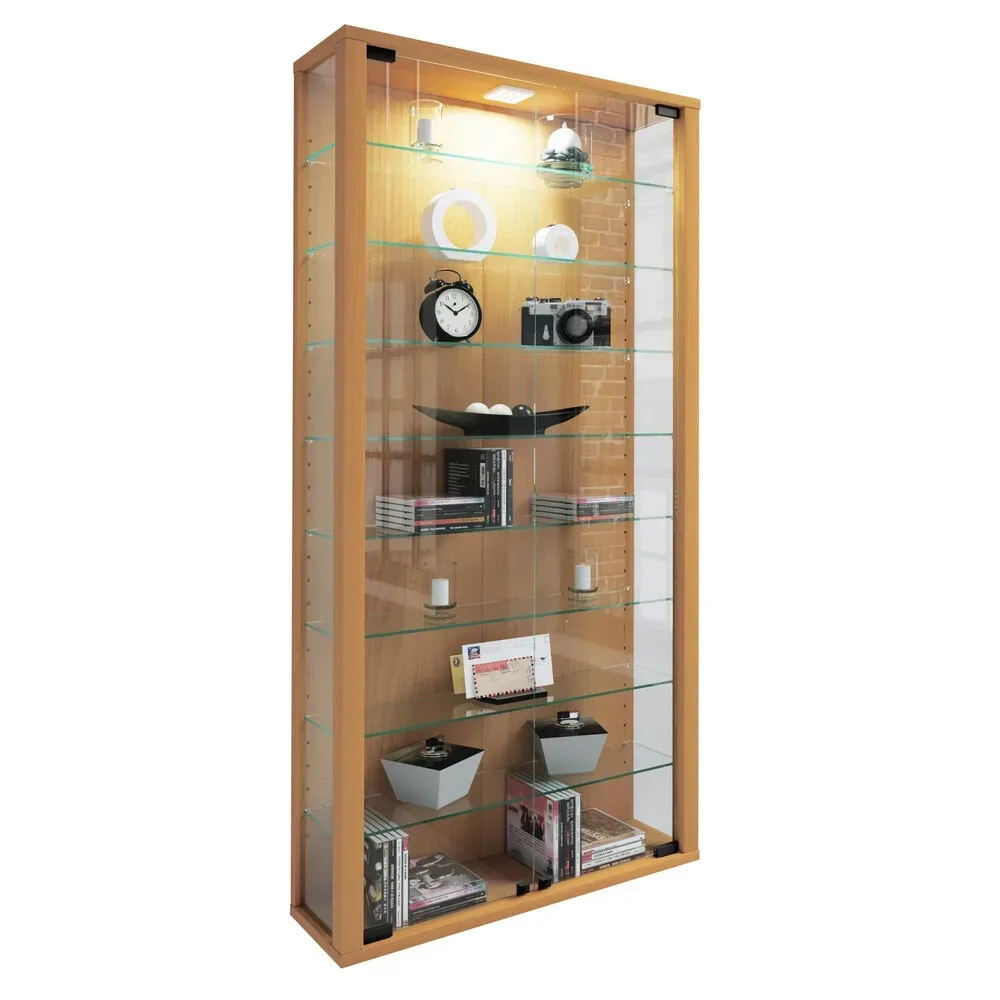 Wandvitrine Vitrosa Maxi, ohne LED-Beleuchtung, 8 Einlegeböden, 2 Flügeltüren, B 590 x T 180 x H 1140 mm, Glas & Holz, Buche-Dekor