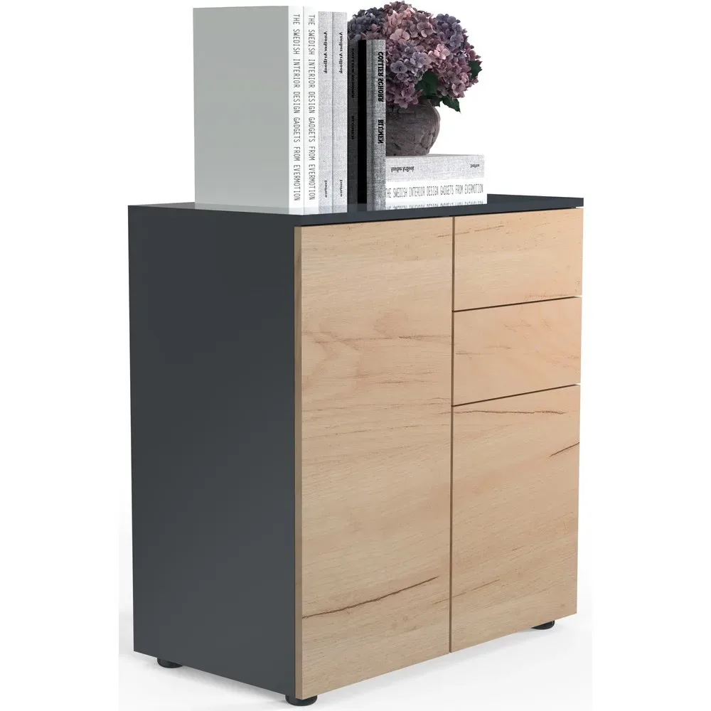 Kommode Dalosa, 4 Fächer & 2 Schübe, Tür, B 700 x T 390 x H 770 mm, Holz, anthrazit/Honig-Eiche