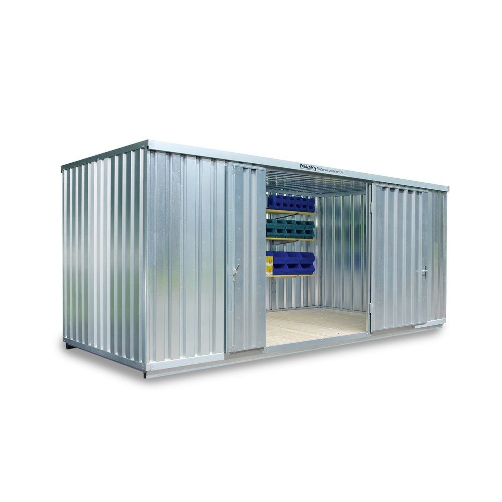 FLADAFI® Materialcontainer, verzinkt, montiert, XXL 14 m², HxBxT 2.595 x 6.020 x 2.540 mm, Doppelflügeltür (asymmetrische Teilung), mittig in Breitseite
