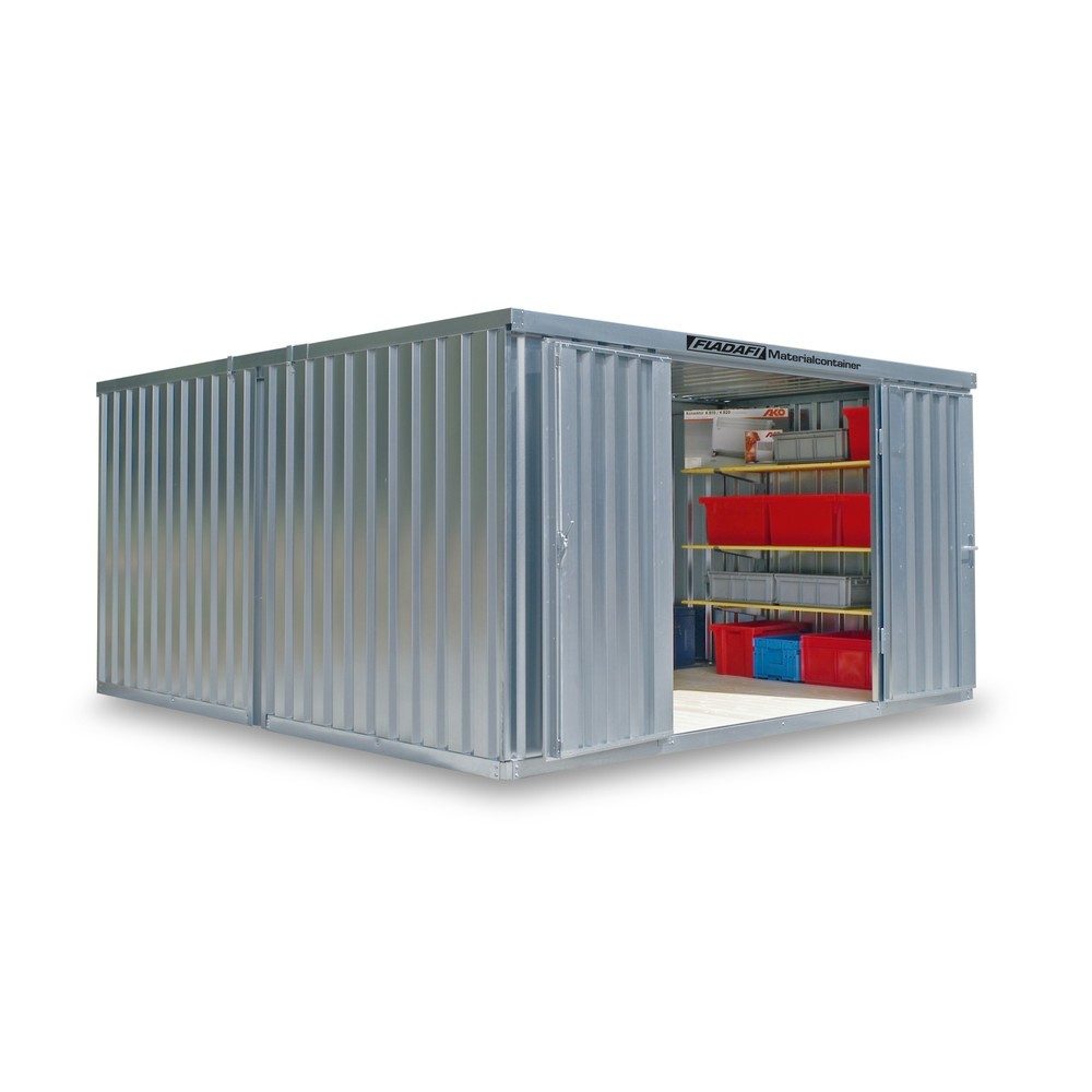 FLADAFI® Materialcontainer-Kombination, zerlegt, 18 m², ohne Boden, HxBxT 2.115 x 3.050 x 6.520 mm, Doppelflügeltür (asymmetrische Teilung), mittig in Stirnseite