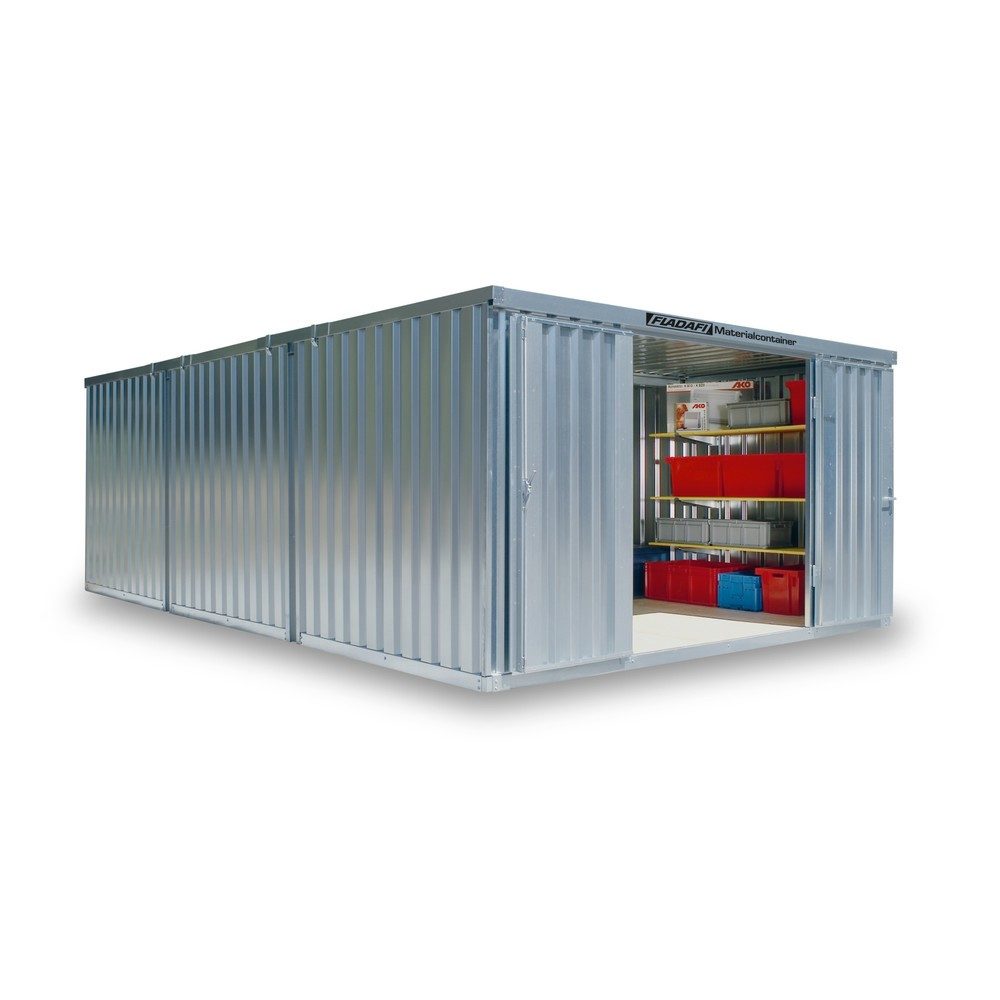 FLADAFI® Materialcontainer-Kombination, zerlegt, 25 m², ohne Boden, HxBxT 2.115 x 4.050 x 6.520 mm, Doppelflügeltür (asymmetrische Teilung), mittig in Stirnseite, Zusatztür