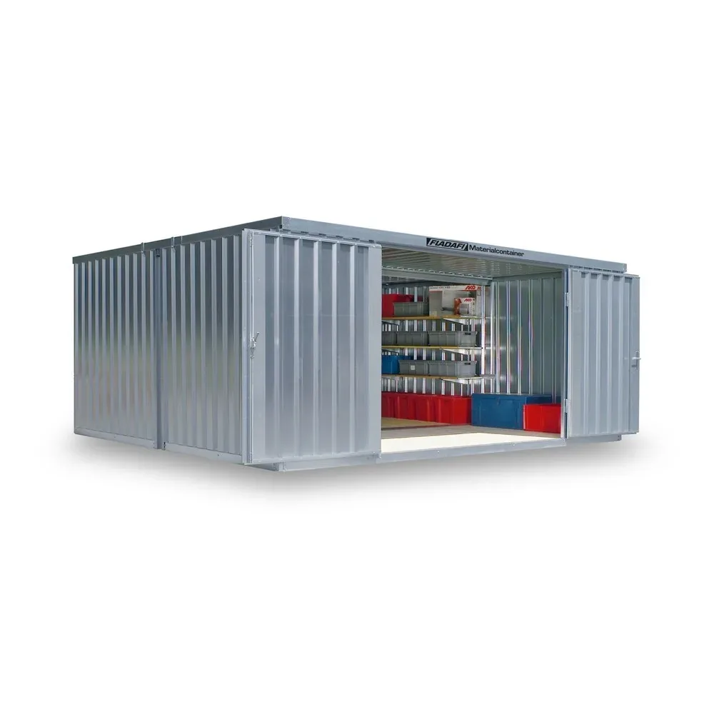 FLADAFI® Materialcontainer-Kombination, zerlegt, 21 m², mit Holzfussboden, HxBxT 2.150 x 5.080 x 4.340 mm, Doppelflügeltür (asymmetrische Teilung), mittig in Breitseite, Zusatztür